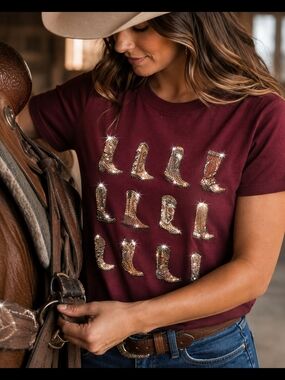 211 Women's Short-Sleeve Embellished Cowboy Boot Tee - Burgundy
